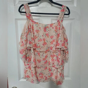 Lane Bryant Pink Floral Cold Shoulder Layered Blouse in Size 18